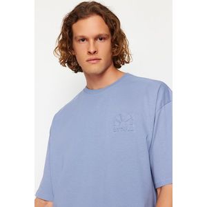 Trendyol Blue Oversize Relief Printed 100% Cotton T-Shirt obraz