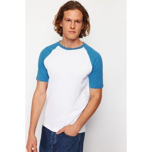 Trendyol Blue Regular/Regular Fit Black Sleeve Paneled 100% Cotton Short Sleeve T-Shirt obraz