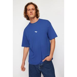 Trendyol Indigo Oversize/Wide Cut Short Sleeve Dinosaur Embroidered 100% Cotton T-Shirt obraz