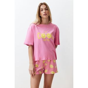Trendyol Pink 100% Cotton Slogan Fruit Printed Knitted Pajamas Set obraz