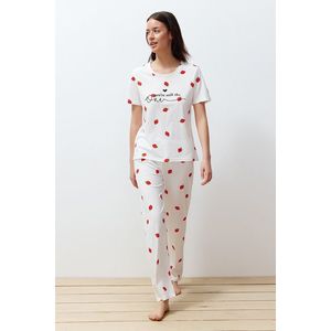 Trendyol Ecru Cotton Strawberry Patterned Knitted Pajamas Set obraz