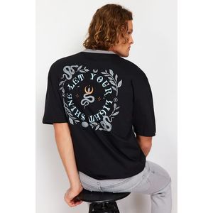 Trendyol Black Oversize/Wide-Fit Mystic Print Contrast Collar Rib 100% Cotton T-Shirt obraz