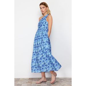 Trendyol Blue Floral Print A-line One Shoulder Midi Woven Dress obraz