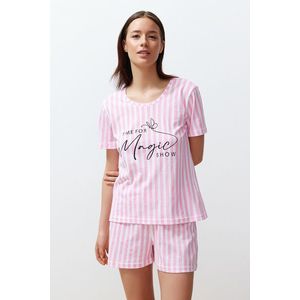 Trendyol Pink Cotton Motto Printed Striped Knitted Pajamas Set obraz