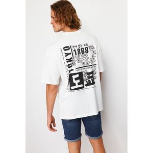 Trendyol Ecru Oversize/Wide-Fit Oriental Printed Short Sleeve 100% Cotton T-Shirt obraz