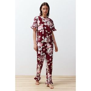 Trendyol vínovo-multi barevný 100% bavlněný květinový pletený pyžamový set s volánky obraz