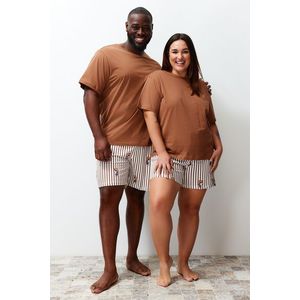 Trendyol Brown Regular Fit Teddy Bear Printed Couple Knitted Plus Size Pajama Set with Shorts obraz