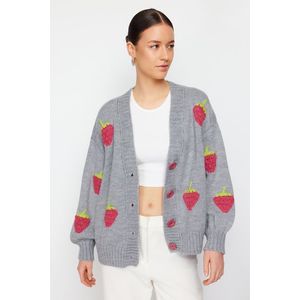 Trendyol Gray Soft Textured Strawberry Embroidered Knitwear Cardigan obraz