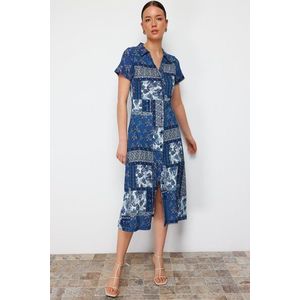 Trendyol Navy Blue Printed Polo Collar A-line/Bell Form Wrap/Textured Knitted Midi Dress obraz