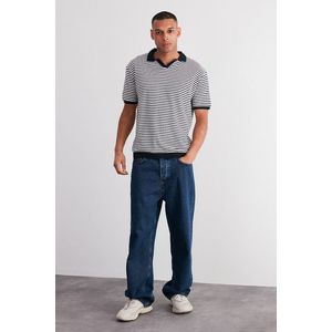 Trendyol Black Relaxed/Comfortable Cut Striped Textured Short Sleeve Apaş Polo Neck T-Shirt obraz