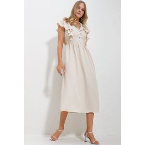 Šaty Trend Alaçatı Stili pro ženy, béžové, s límečkem, polovičním volánkovým detailem, skrytým zipem, midi délkou. obraz