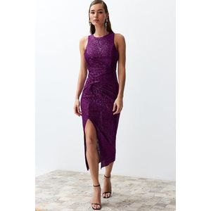 Trendyol Purple Fitted Knitted Shiny Sequin Sequined Elegant Evening Dress obraz