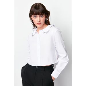Trendyol Ecru Baby Collar Silver Stripe Detailed Crop Oversize/Wide Fit Woven Shirt obraz