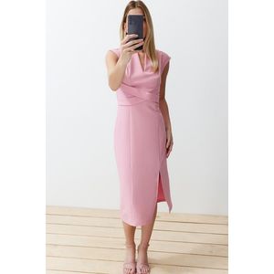 Trendyol Pink Bodycon V-Neck Slit Detailed Midi Pencil Skirt Woven Dress obraz