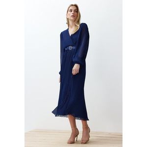 Trendyol Navy Blue Belted A-Line Pleated Maxi Lined Chiffon Woven Dress obraz