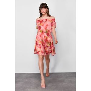 Trendyol Pink Floral Print Skirt Waist Opening Gipe Detailed Mini Woven Dress obraz