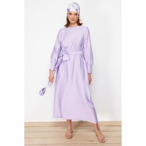 Trendyol Lilac Wide Belted Zipper Cuff Woven Linen Look Dress obraz