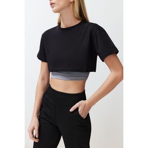 Trendyol Black Gray Melange 2-Layer Reflector Print Detailed Crop Knitted Sports T-Shirt obraz