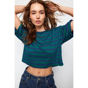 Trendyol Green Striped Premium Oversize Wide-Fit Crop Stretchy Knitted T-Shirt obraz