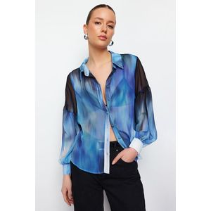 Trendyol Blue Balloon Sleeve Patterned Chiffon Fabric Oversize Wide Fit Woven Shirt obraz
