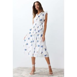 Trendyol White Belted A-line Double-breasted Collar Midi Woven Dress obraz