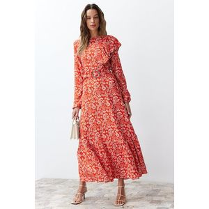 Trendyol Red Floral Lined Ruffle Detailed Belted Woven Dress obraz