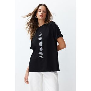 Trendyol Black 100% Cotton Planet Print Oversize/Wide Knit T-Shirt obraz