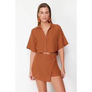 Trendyol Brown Woven Linen Blend Shirt Shorts Set obraz
