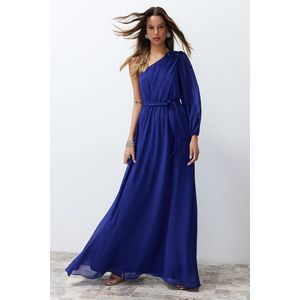 Trendyol Saxe Blue One Sleeve Accessory Chiffon Long Evening Dress obraz