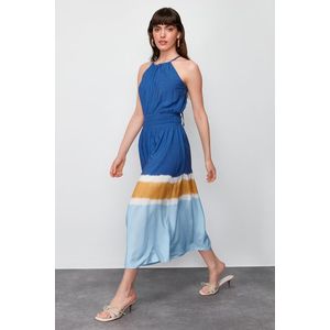 Trendyol Ecru-Blue A-Line Viscose Maxi Woven Dress with Gipe Detail at the Waist obraz