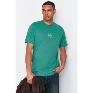 Trendyol Dark Green Regular/Regular Fit Wolf Embroidered 100% Cotton T-Shirt obraz