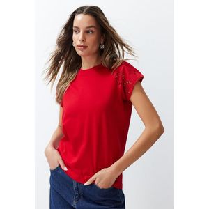 Trendyol Red Regular/Normal Fit Brode Detail Raglan Sleeve Knitted T-Shirt obraz