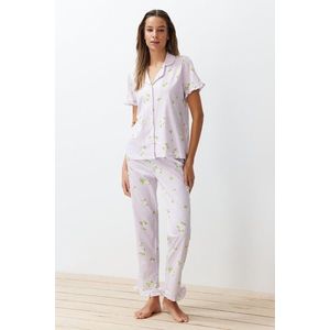 Trendyol Pink-Multicolor 100% Cotton Floral Ruffle Detail Knitted Pajamas Set obraz