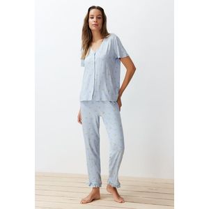 Trendyol Blue-Multicolored Floral Ruffle Detailed Viscose Knitted Pajama Set obraz
