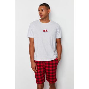 Trendyol Gray - Red Regular Fit Plaid Embroidered Knitted Pajama Set with Shorts obraz