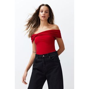 Trendyol Red Carmen Collar Fitted Flexible Crop Knitted Blouse obraz
