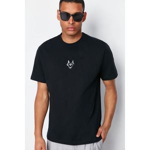 Trendyol Black Regular/Regular Fit Wolf Embroidered 100% Cotton T-Shirt obraz