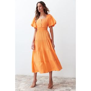 Trendyol Orange Waist Opening Gipe and Back Detailed Square Collar Maxi Woven Dress obraz
