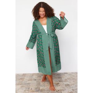 Trendyol Curve Green Ethnic Patterned Belted Maxi Woven Kimono & Kaftan obraz