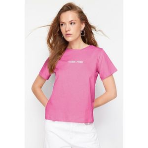 Trendyol Pink 100% Cotton Slogan Embroidered Relaxed/Comfortable Pattern Knitted T-Shirt obraz