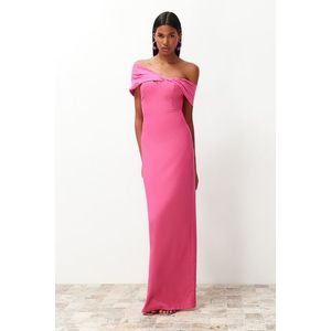 Trendyol Pink Fitted Asymmetric Collar Poplin Detail Long Evening Evening Dress obraz