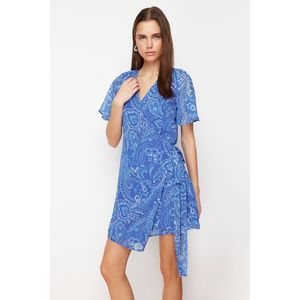 Trendyol Saxe Blue Shawl Patterned Wrap Mini Woven Dress obraz