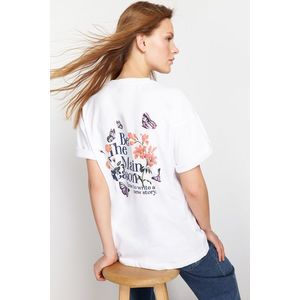 Trendyol White 100% Cotton Back and Front Printed Oversize/Wide-Fit Knitted T-Shirt obraz