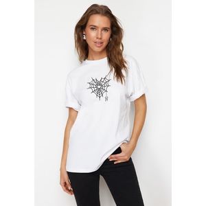 Trendyol White Premium 100% Cotton Spider Web Printed Oversize/Wide Fit Knitted T-Shirt obraz