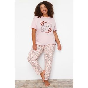 Trendyol Curve Pink Floral Pattern Knitted Pajamas Set obraz