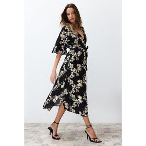 Trendyol Black Belted Floral Print A-line Double-breasted Collar Midi Woven Dress obraz