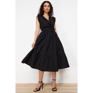Trendyol Black Belted A-line Double-breasted Collar Midi Woven Dress obraz