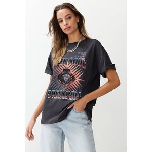 Trendyol Anthracite 100% Cotton Printed Oversize/Wide-Fit Knitted T-Shirt obraz