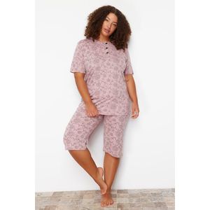 Trendyol Curve Pink Floral Pattern Capri Knitted Pajamas Set obraz