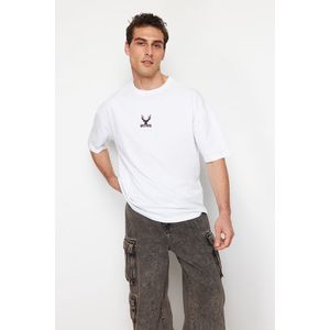 Trendyol White Oversize Deer Embroidered 100% Cotton T-Shirt obraz